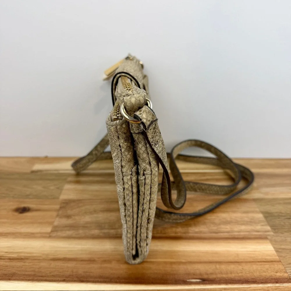 Michael Kors Snakeskin Embossed Leather Crossbody Bag Gold MK Logo Beige Tan